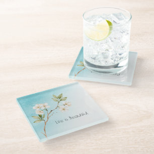 Aqua Blauw Witte Bloem Glazen Onderzetter