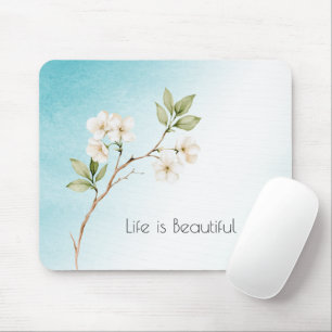 Aqua Blauw Witte Bloemen Muismat