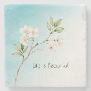 Aqua Blauw Witte Bloemen Stenen Onderzetter