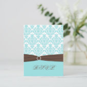 Aqua Blauw, Witte Damast met Bruine NEP Lint RSVP Kaartje (Staand voorkant)