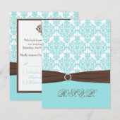 Aqua Blauw, Witte Damast met Bruine NEP Lint RSVP Kaartje (Voorkant / Achterkant)