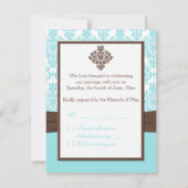 Aqua blauw, witte damast met bruine nepreibbon RSVP kaartje (Achterkant)