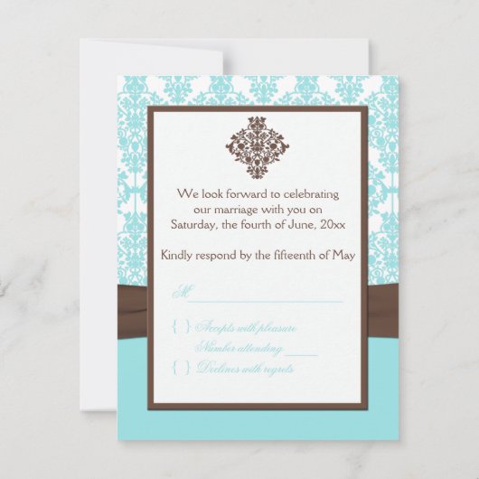 Aqua blauw, witte damast met bruine nepreibbon RSVP kaartje (Achterkant)
