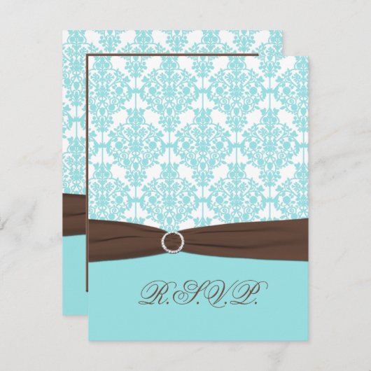 Aqua blauw, witte damast met bruine nepreibbon RSVP kaartje (Voorkant / Achterkant)