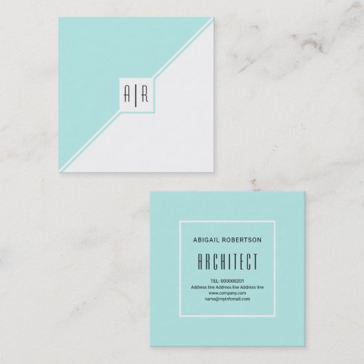 Aqua-blauw, witte driehoeken en moderne monogram vierkante visitekaartje (Voorkant / Achterkant)