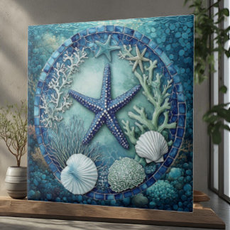 Aqua blauw Zeeleven Zeester Koraalrif Zeeschelp Tegeltje
