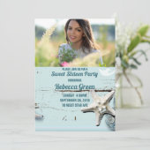 aqua blauw zeeschelp strand Sweet zestien party Kaart (Staand voorkant)
