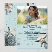 aqua blauw zeeschelp strand Sweet zestien party Kaart (Voorkant / Achterkant)