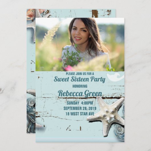 aqua blauw zeeschelp strand Sweet zestien party Kaart (Voorkant / Achterkant)