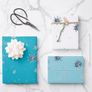 Aqua Blauw Zilver Witte Kerst Sneeuwvlokken Inpakpapier Vel