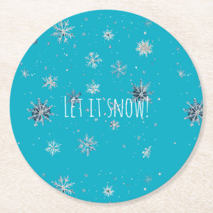 Aqua Blauw Zilver Witte Kerst Sneeuwvlokken Ronde Kartonnen Onderzetter