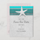 Aqua blauw & zilveren zeester strand save the date aankondigingskaart (Voorkant / Achterkant)