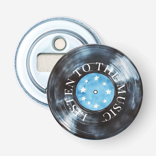 Aqua Blauw Zwart Record Muziek Button Flesopener (Voorkant)