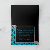 Aqua Blauw & Zwarte Damast Glans Steen Bedankkaart (Binnen)