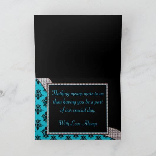 Aqua Blauw & Zwarte Damast Glansparel Bedankkaart (Binnen)