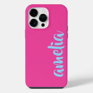 Aqua blauwe aangepaste naam script roze I Phone Ho iPhone 14 Pro Max Hoesje