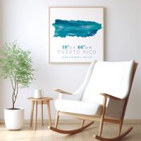 Aqua Blauwe Aquarel Kaart van Puerto Rico Coördina