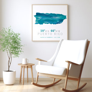 Aqua Blauwe Aquarel Kaart van Puerto Rico Coördina Poster