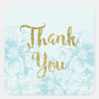 Aqua Blauwe Bloem en Gouden Glitter Bedankt Vierkante Sticker