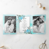 Aqua blauwe bloemen, bladeren bloemenzomer bruilof drieluik uitnodiging (Binnen)