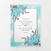 Aqua blauwe bloemen, bladeren bloemenzomer bruilof drieluik uitnodiging (Cover)