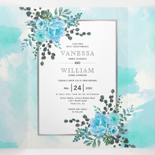 Aqua blauwe bloemen, bladeren bloemenzomer bruilof drieluik uitnodiging (Binnenkant midden)