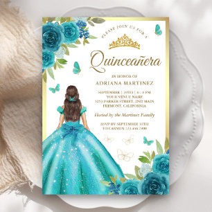 Aqua Blauwe Bloemjurk Vlinder Goud Quinceanera Kaart