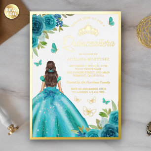 Aqua Blauwe Bloemjurk Vlinder Quinceanera Goud Folie Uitnodiging