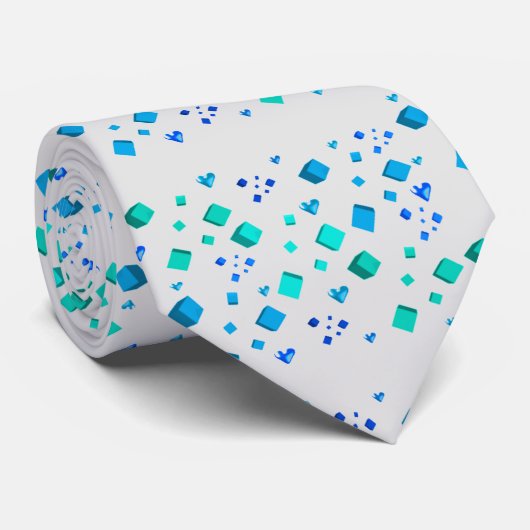 Aqua Blauwe Blokjes en Hartjes Das (Opgerold)