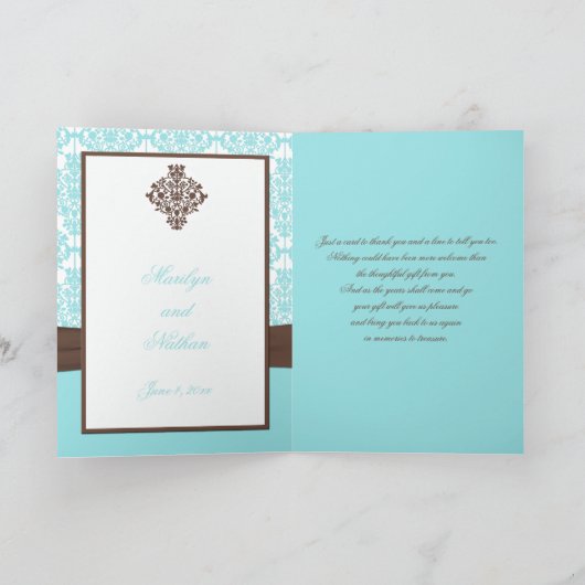 Aqua blauwe, bruine, witte damast bedankkaart (Binnen)