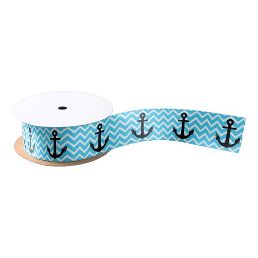 Aqua Blauwe Chevron Anker Satijnen Lint (Spoel)