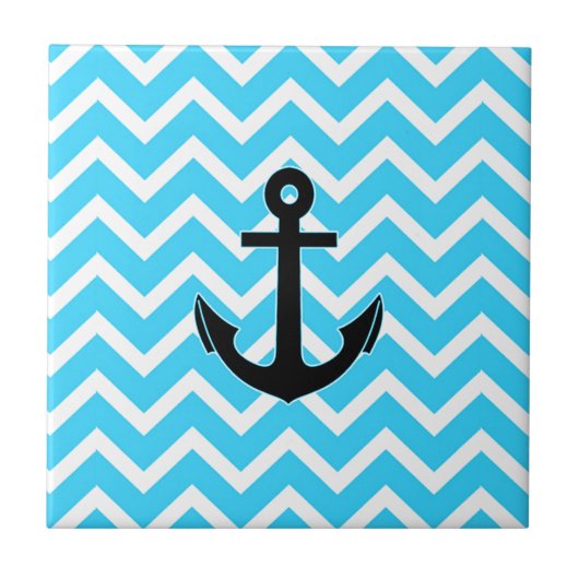 Aqua Blauwe Chevron Anker Tegeltje (Voorkant)
