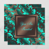 Aqua Blauwe Chocolade Bruine Damast Feest Kaart (Voorkant / Achterkant)