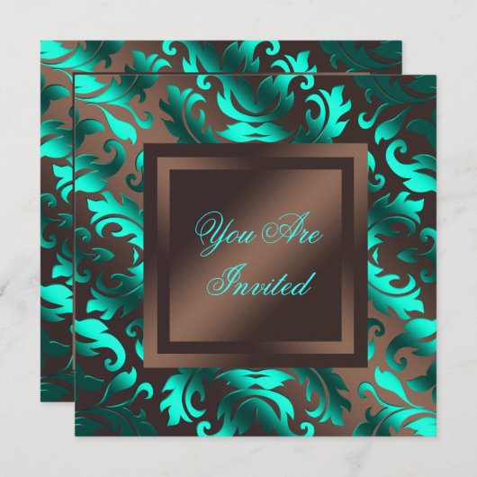 Aqua Blauwe Chocolade Bruine Damast Feest Kaart (Voorkant / Achterkant)