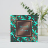 Aqua Blauwe Chocolade Bruine Damast Feest Kaart (Staand voorkant)