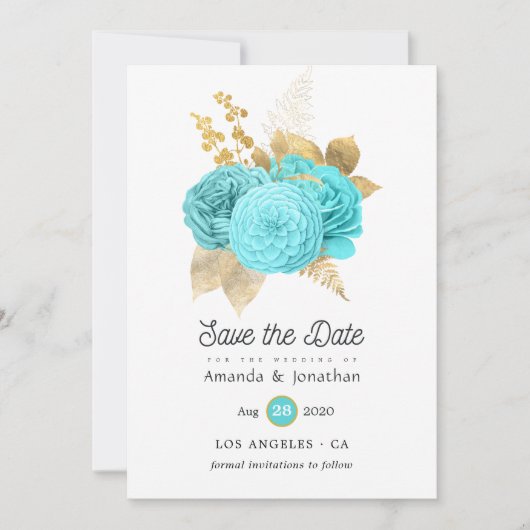 Aqua Blauwe en Gouden Bloemige Bruiloft Save The Date (Voorkant)