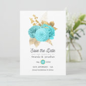 Aqua Blauwe en Gouden Bloemige Bruiloft Save The Date (Staand voorkant)