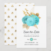 Aqua Blauwe en Gouden Bloemige Bruiloft Save The Date (Voorkant / Achterkant)