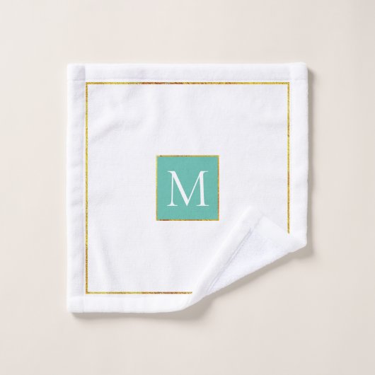 Aqua blauwe en grijze tropische bladeren en monogr bad handdoek (Wasdoekje)