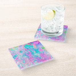Aqua Blauwe en Heet Roze Hortensia Landschap Glazen Onderzetter
