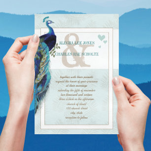 Aqua Blauwe en Marine Pauw Huwelijksuitnodiging Kaart