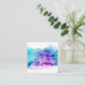 Aqua blauwe en paarse waterverf vierkante visitekaartje (Staand voorkant)