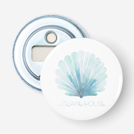 Aqua Blauwe en Witte Kust Zeeschelp Gepersonalisee Button Flesopener (Voorkant)