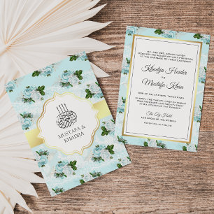 Aqua Blauwe en Witte Rozen Bloemrijke Moslim Huwel Kaart