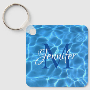 Aqua Blauwe en Witte Zwembad Foto Monogram Sleutelhanger
