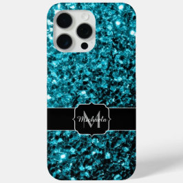 Aqua blauwe faux glitter fonkelt Monogram iPhone 15 Pro Max Hoesje