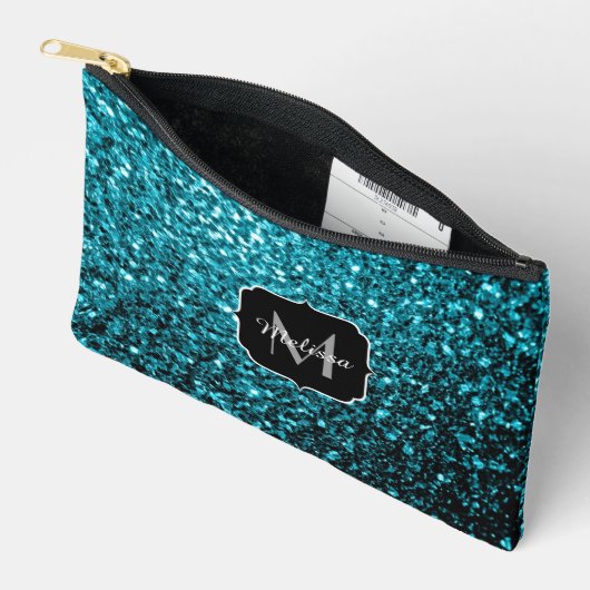 Aqua blauwe faux glitter fonkelt Monogram Etui (Open)