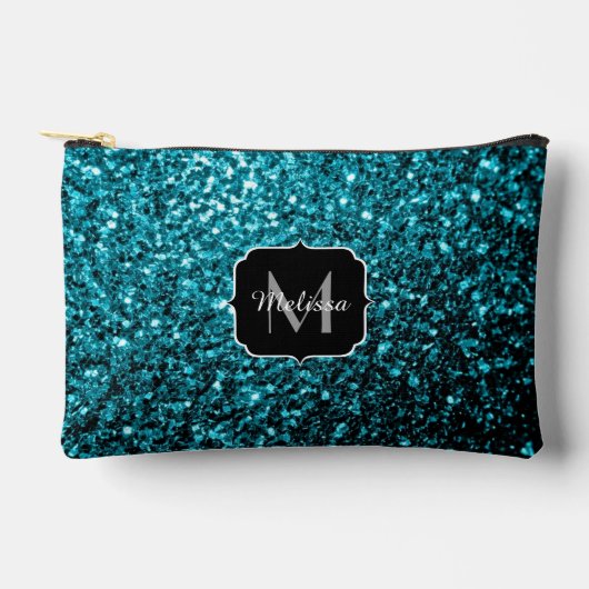 Aqua blauwe faux glitter fonkelt Monogram Etui (Voorkant)