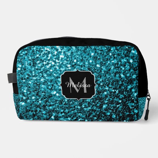 Aqua blauwe faux glitter fonkelt Monogram Toilettasje (Voorkant)