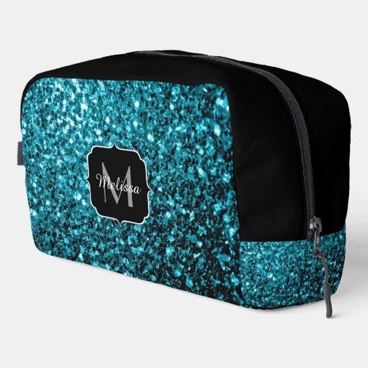 Aqua blauwe faux glitter fonkelt Monogram Toilettasje (Rechterhoek)